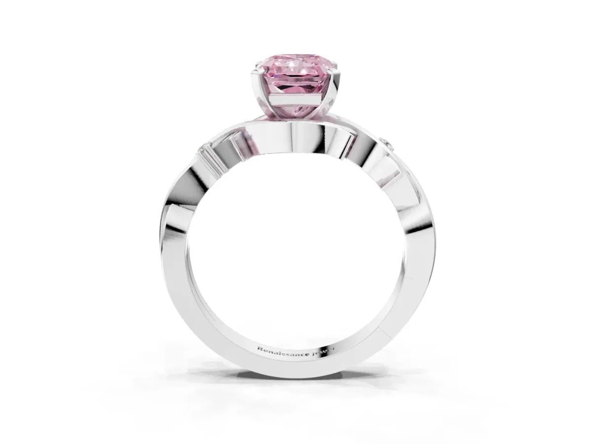 Fancy Pink Radiant Cut Diamond Solitaire Ring with Twisted Band and Prong Setting Silver