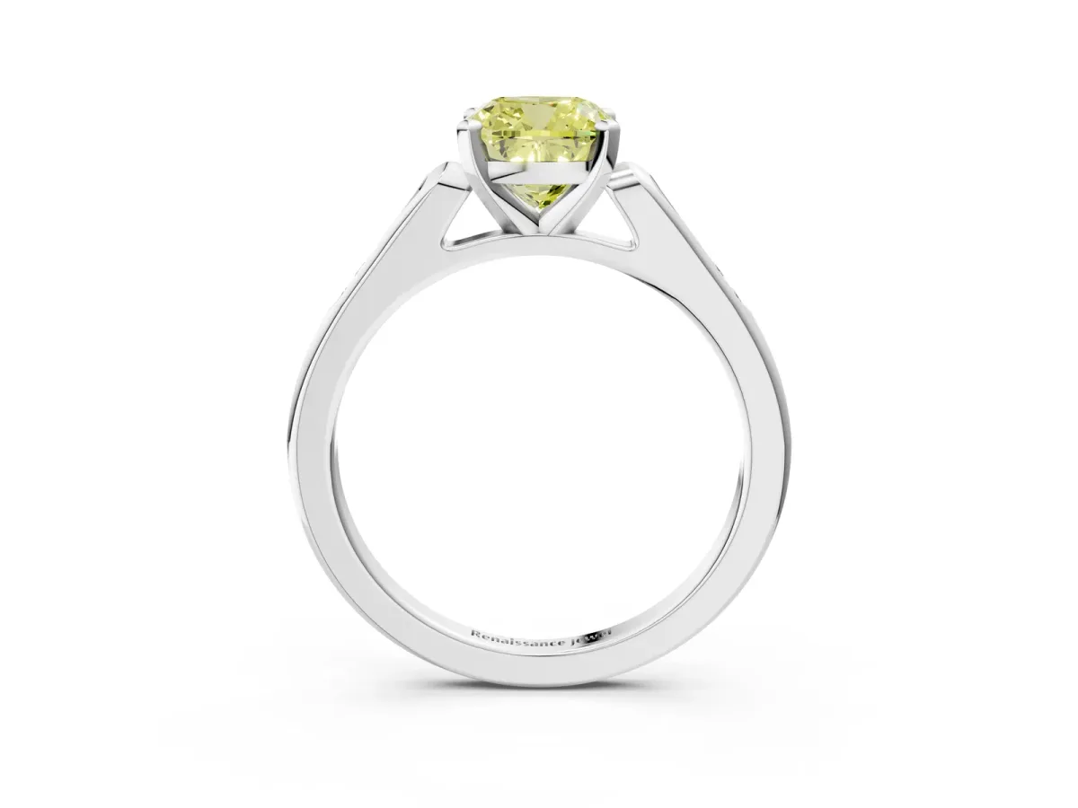 Fancy Yellow Cushion Cut Diamond Solitaire Ring with Channel Set Round Band and Prong Setting Silver