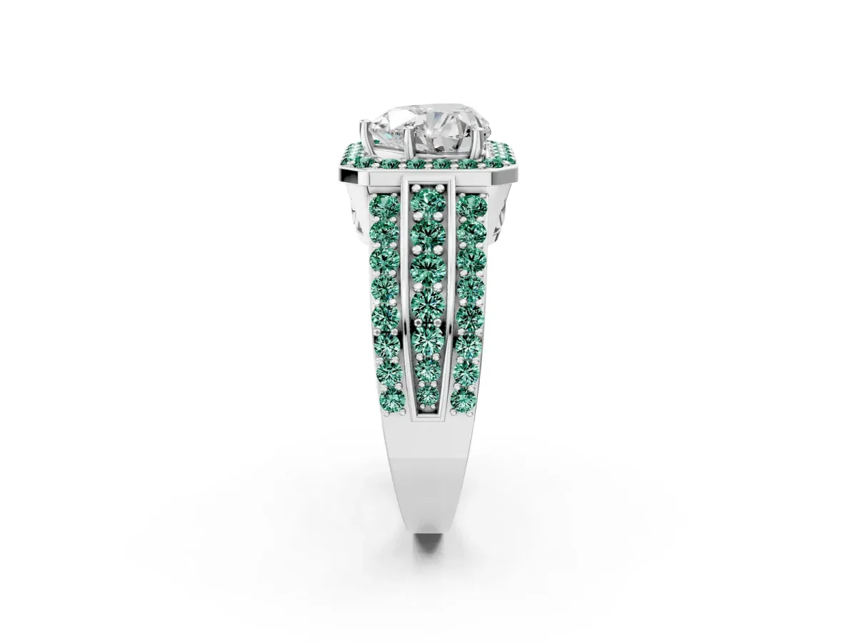 Heart Cut Halo Diamond Ring with Round Green Sapphire Split Shank and Prong Setting Silver
