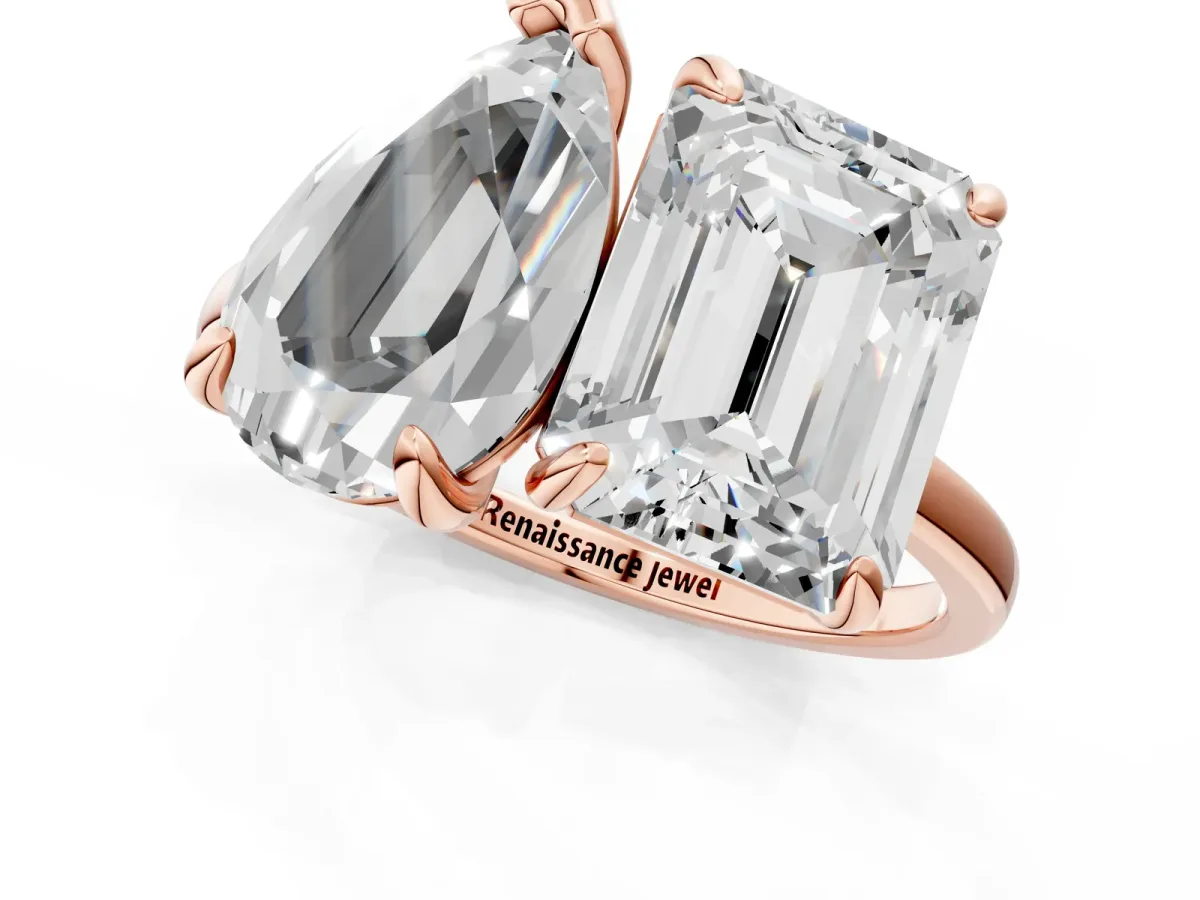 Pear and Radiant Toi Moi Ring with Prong Setting and Plain Band Rose gold