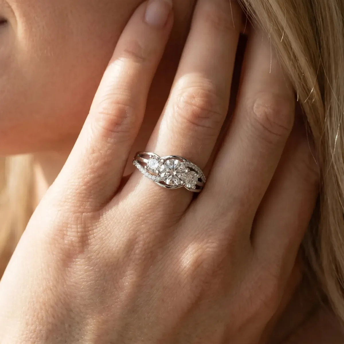 Three-Stone Asscher Cut Cut Diamond Split Shank Prong Set Ring Platinum