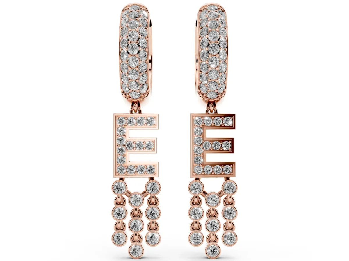 Round Diamond Initial E Huggie Hoop Earrings Rose gold