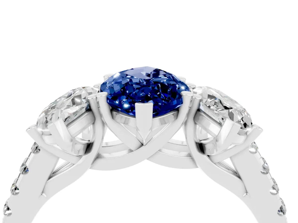 Three-Stone Marquise Cut Blue Sapphire Ring with Round Pavé Band and Prong Setting Silver