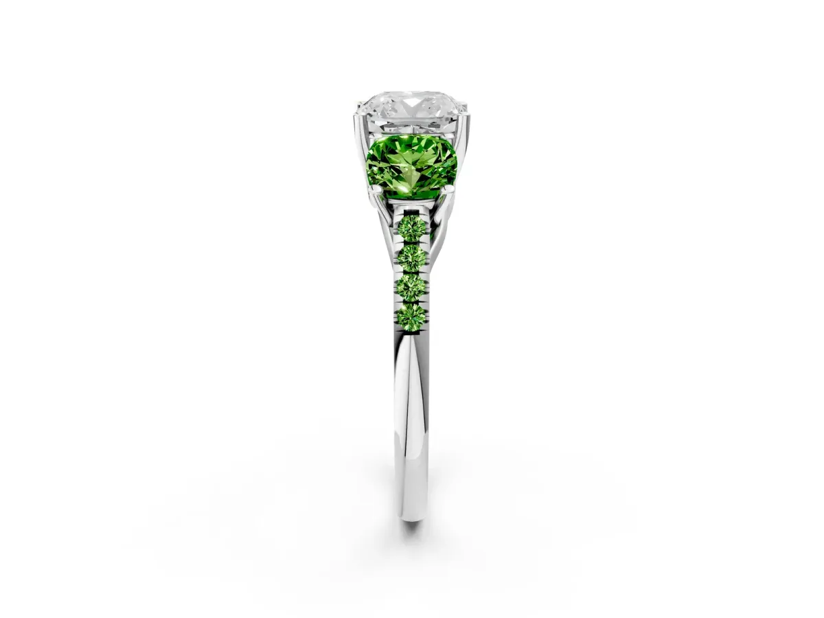 Three-Stone Cushion Cut Diamond Ring with Round Peridot Pavé Band and Prong Setting Silver