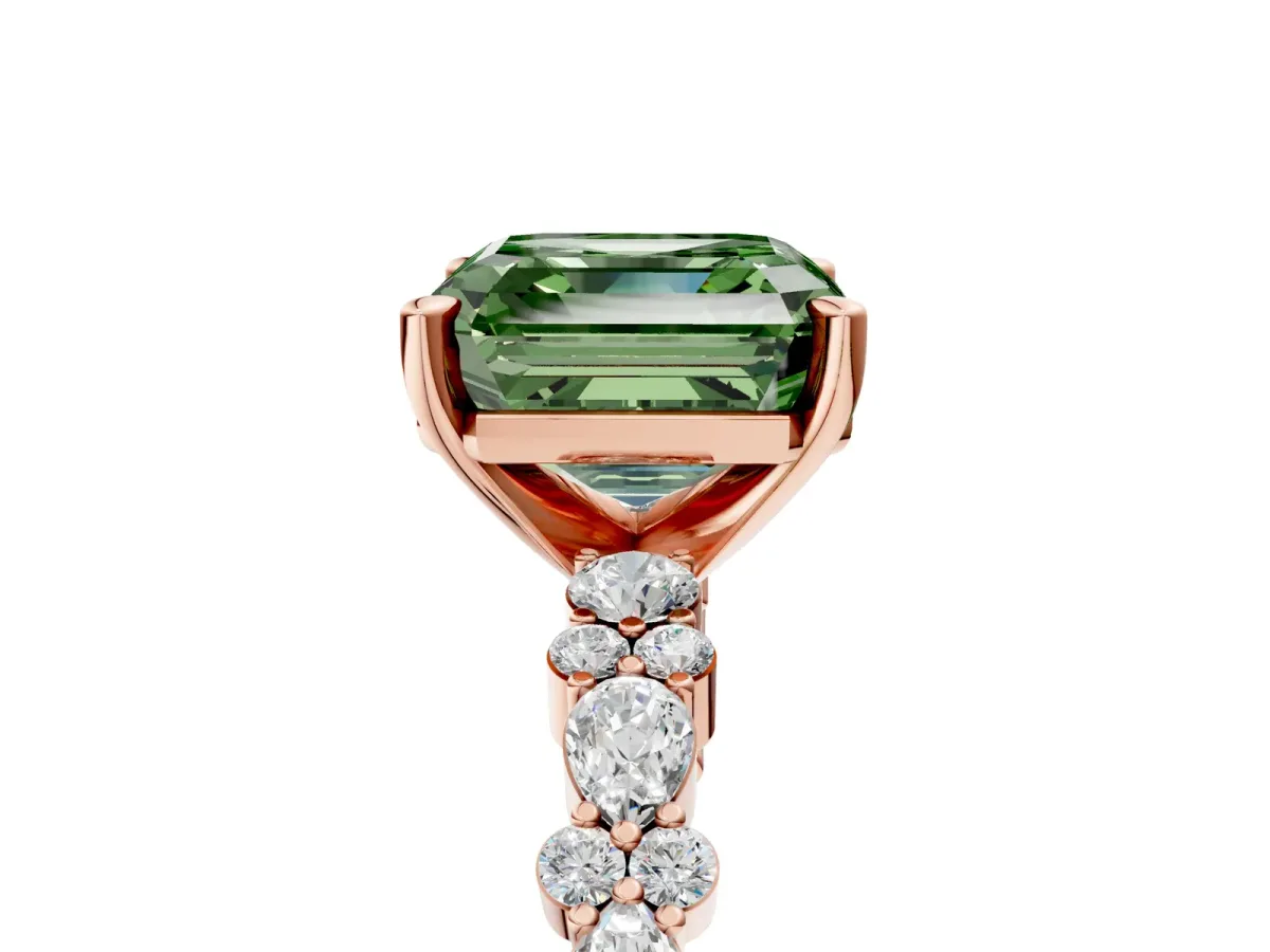 Fancy Green Asscher Cut Diamond Side Stone Solitaire Ring with Round and Four-Prong Setting Rose gold