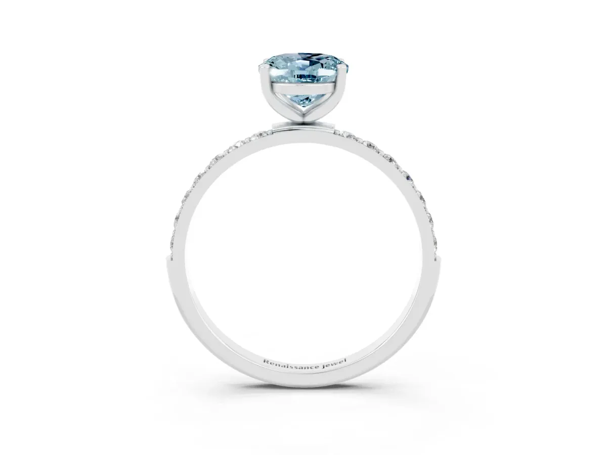 Oval Cut Aquamarine Solitaire Ring with Round Pavé Band and Prong Setting Silver