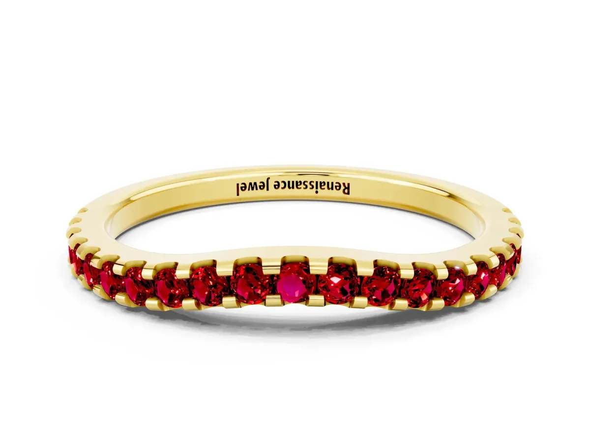 Round Ruby Pavé Curved Wedding Band Yellow gold