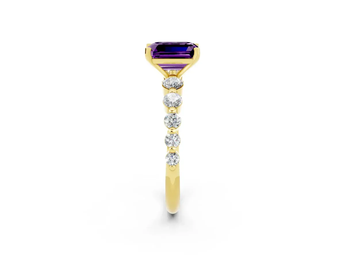 Emerald Cut Solitaire Amethyst Ring with Pave Band and Four-Prong Setting Yellow gold