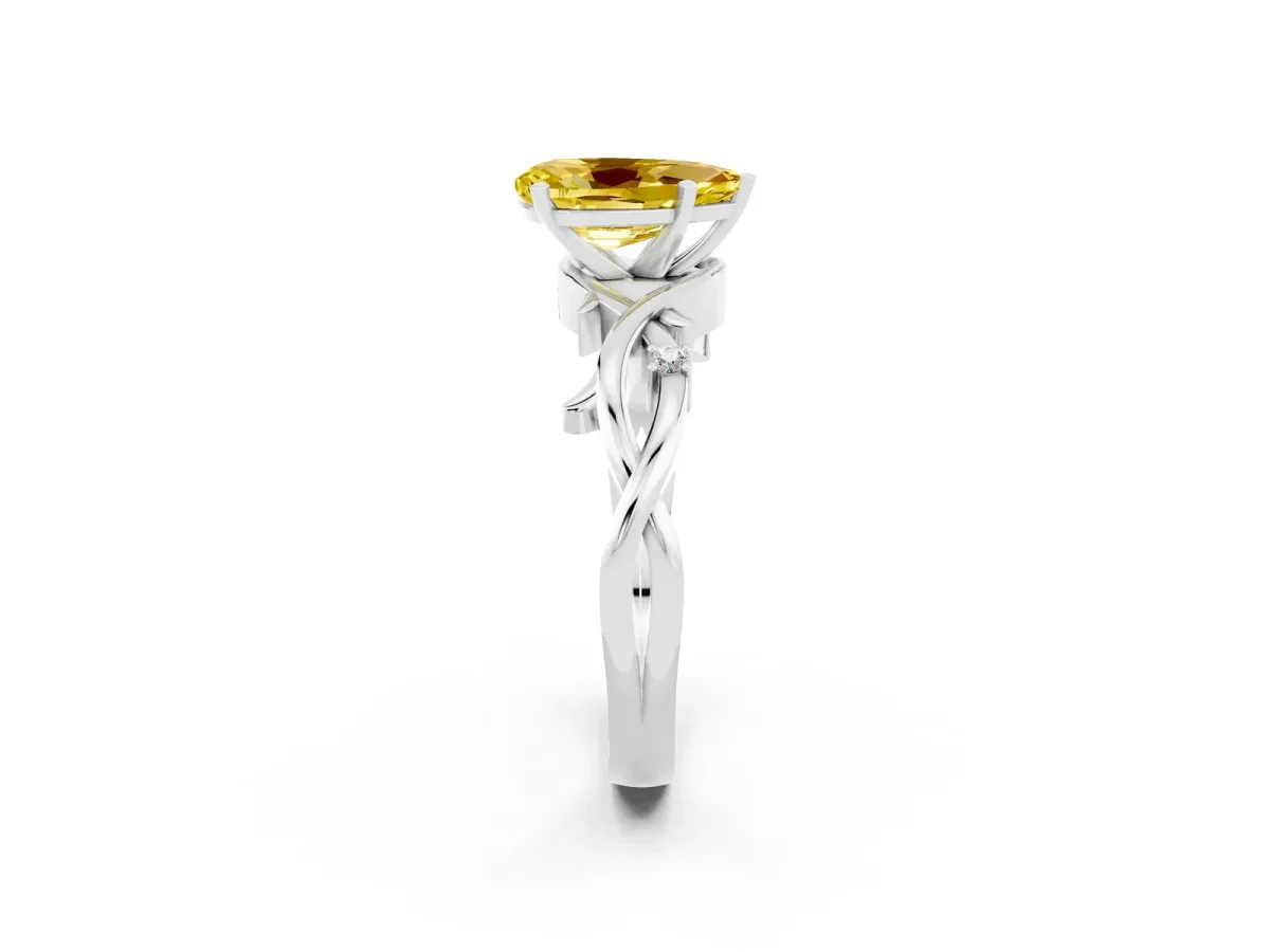 Pear Cut Yellow Sapphire Solitaire Ring with Twisted Band and Prong Setting Platinum