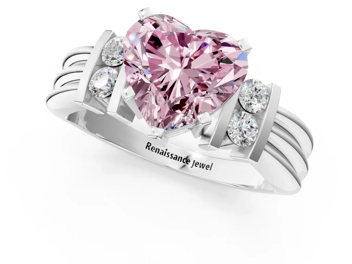Fancy Pink Heart Cut Cut Three-Stone Channel Set Ring with Bar Prongs Platinum