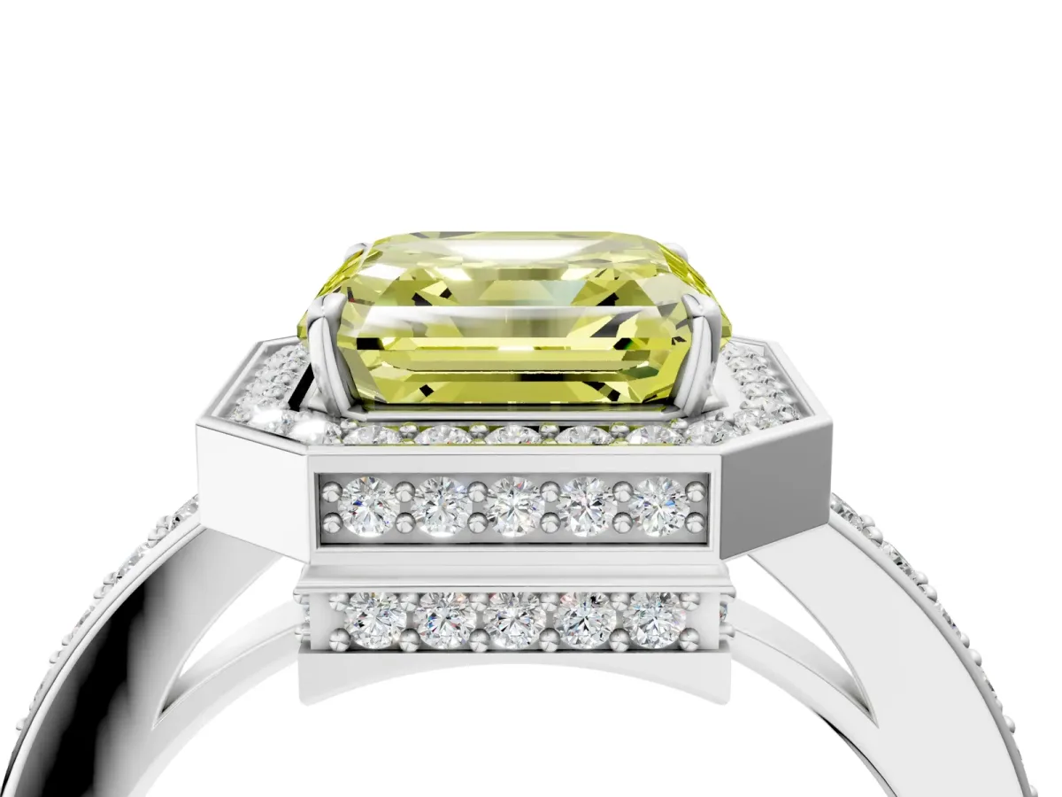 Fancy Yellow Asscher Cut Halo Pave Band Solitaire Ring with Prong Setting Platinum