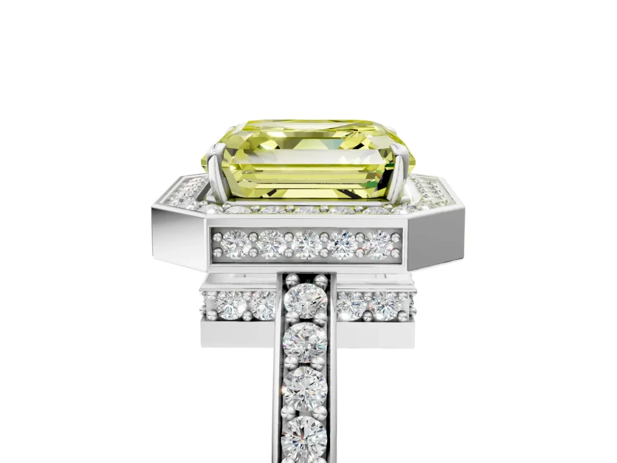 Fancy Yellow Asscher Cut Halo Pave Band Solitaire Ring with Prong Setting Platinum