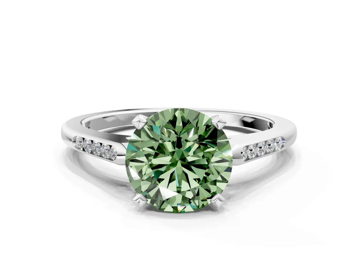 Fancy Green Round Cut Diamond Solitaire Ring with Channel Set Round Band and Prong Setting Silver