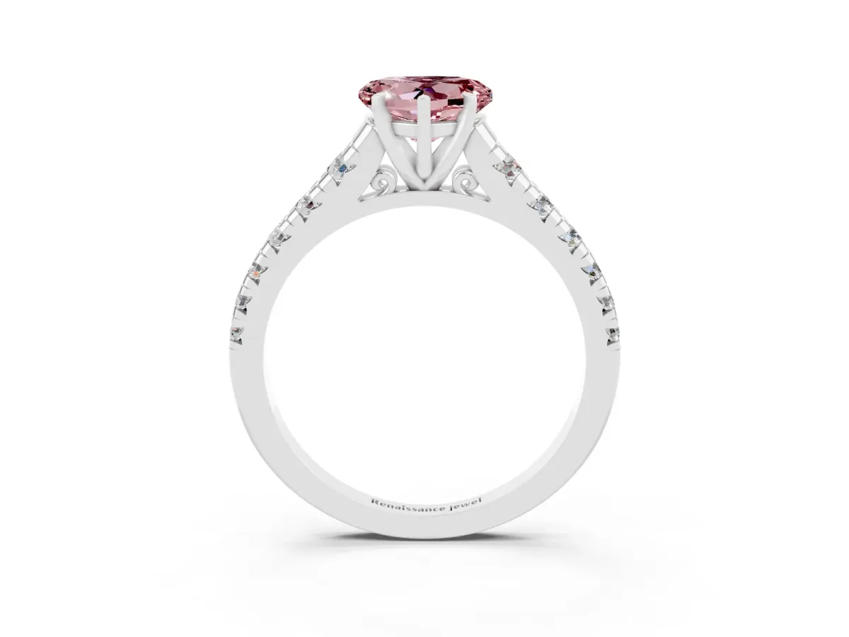 Heart Cut Morganite Cathedral Solitaire Ring with Round Pavé Band Silver