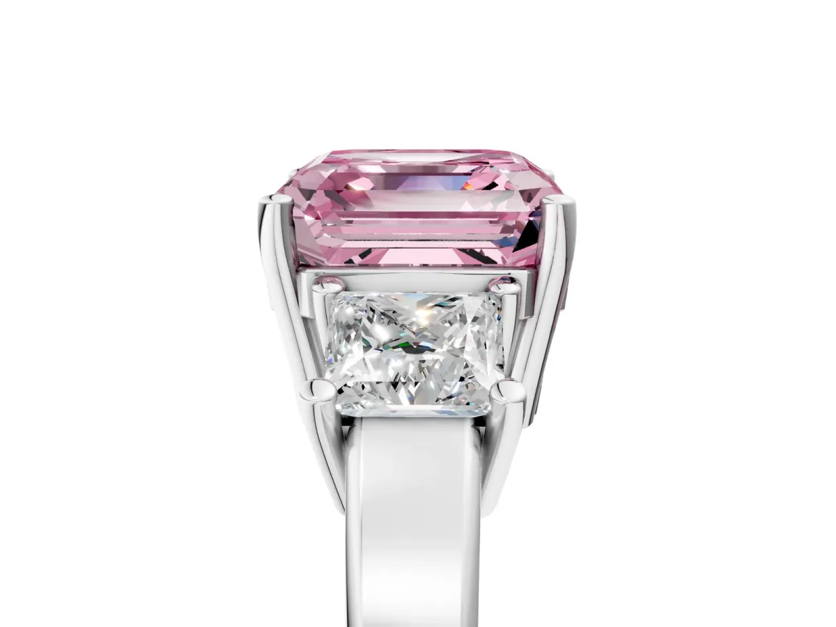Fancy Pink Three-Stone Asscher Cut Cut Solitaire Ring with Prong Setting Platinum