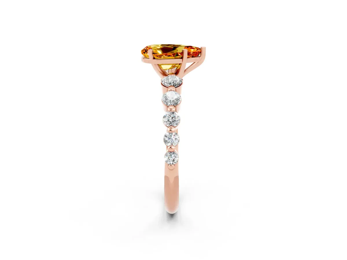 Pear Cut Solitaire Citrine Ring with Pave Band and Four-Prong Setting Rose gold