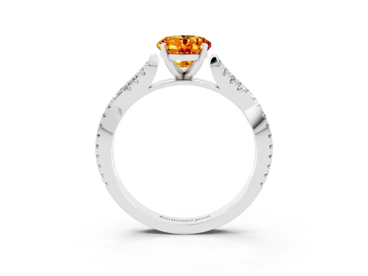 Oval Cut Citrine Solitaire Engagement Ring with Twisted Pavé Band and Four-Prong Setting Silver