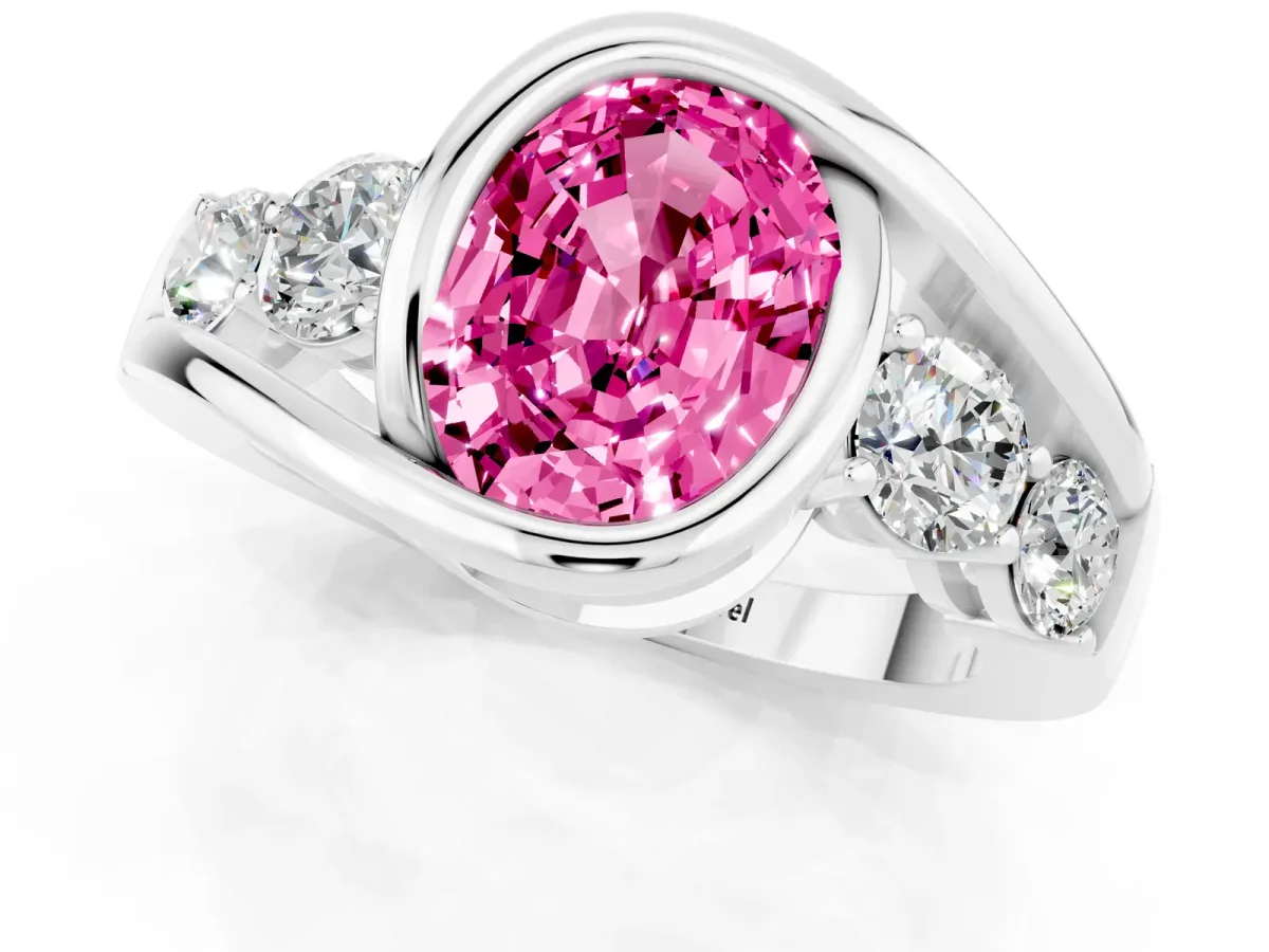 Bezel Set Oval Cut Pink Sapphire Bypass Ring with Round Accents Platinum