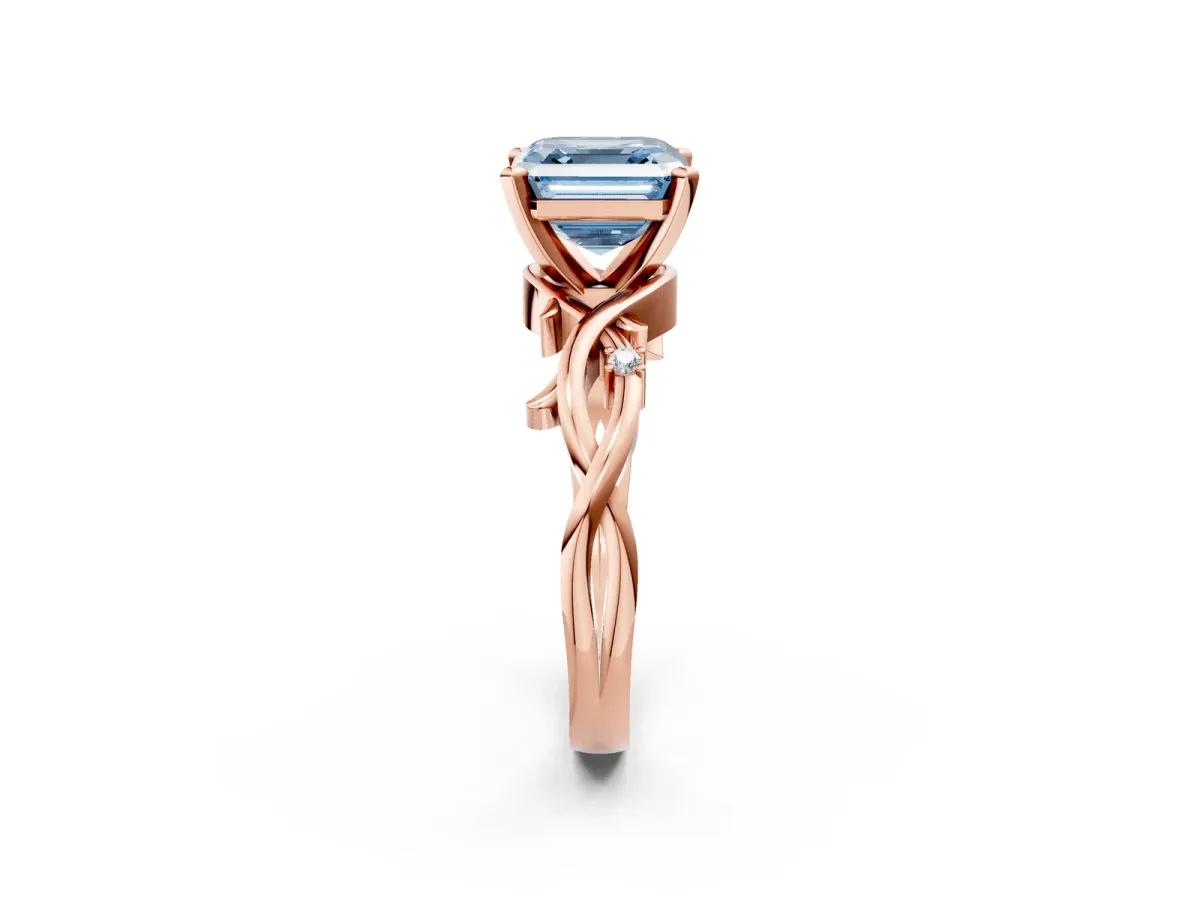 Fancy Blue Asscher Cut Diamond Solitaire Ring with Twisted Band and Prong Setting Rose gold