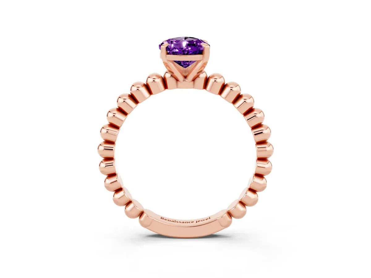 Pear Cut Amethyst Solitaire Ring with Beaded Band and Prong Setting Rose gold