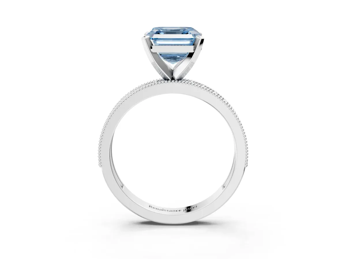 Fancy Blue Asscher Cut Diamond Milgrain Pavé Engagement Ring with Four-Prong Setting Platinum