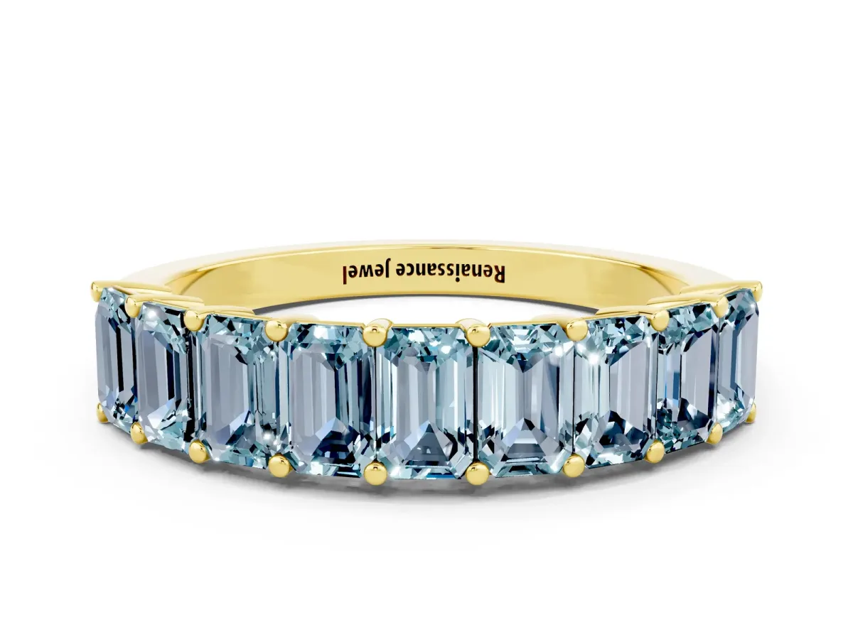 Emerald Cut Aquamarine Prong-Set Eternity Band Yellow gold