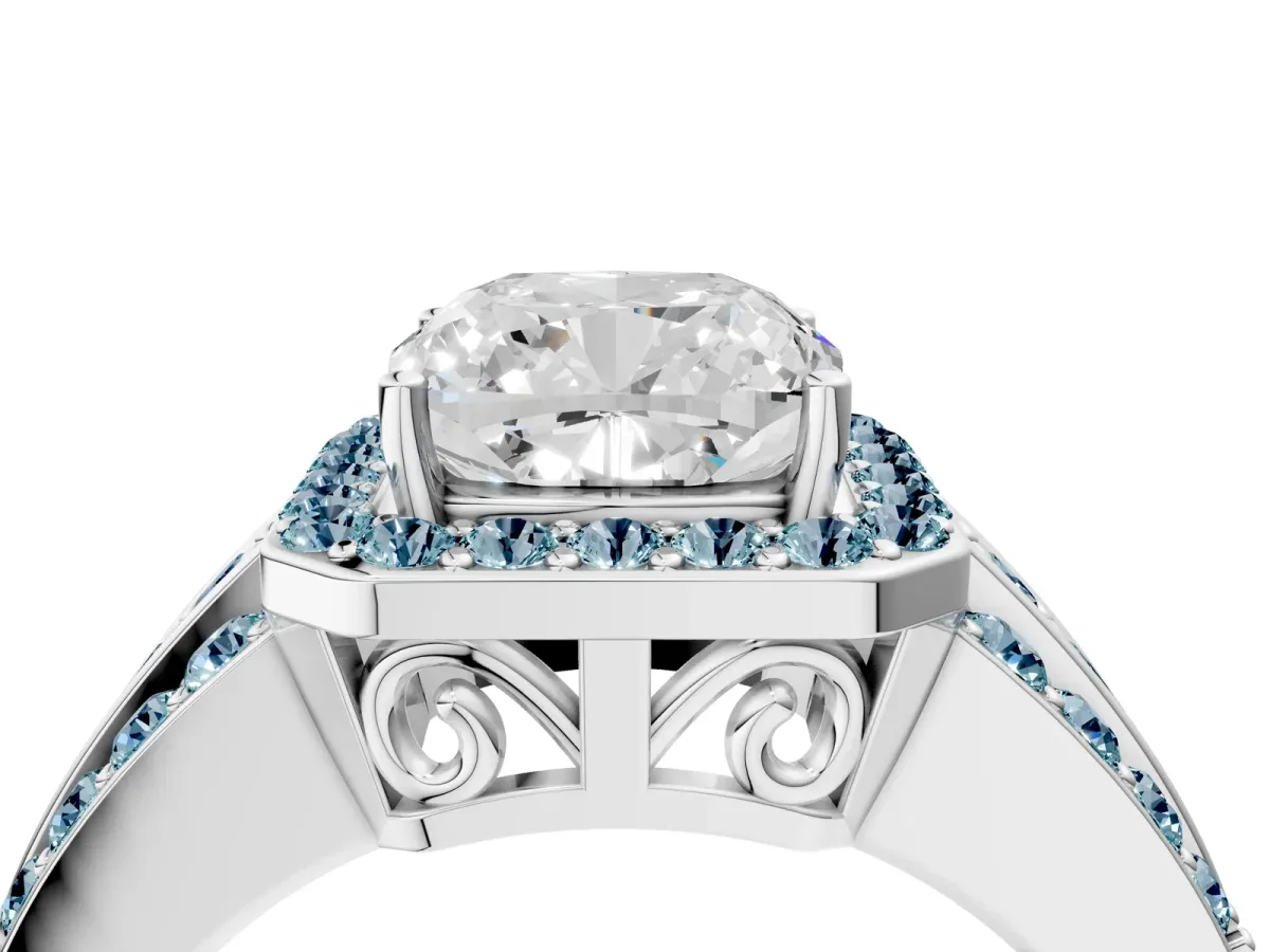 Cushion Cut Halo Diamond Ring with Round Aquamarine Split Shank and Prong Setting Silver