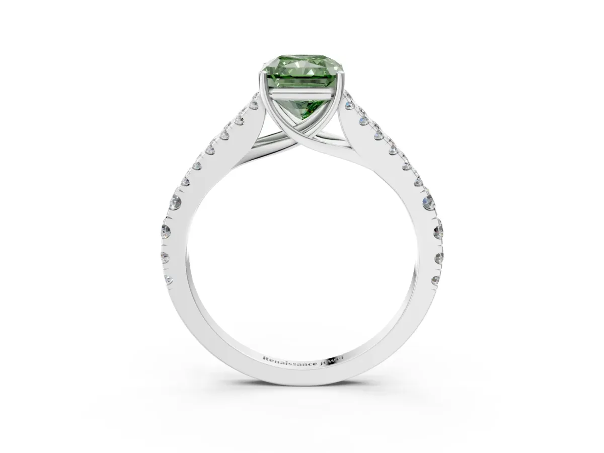 Fancy Green Radiant Cut Diamond Split Shank Engagement Ring with Round Pavé and Prong Setting Platinum