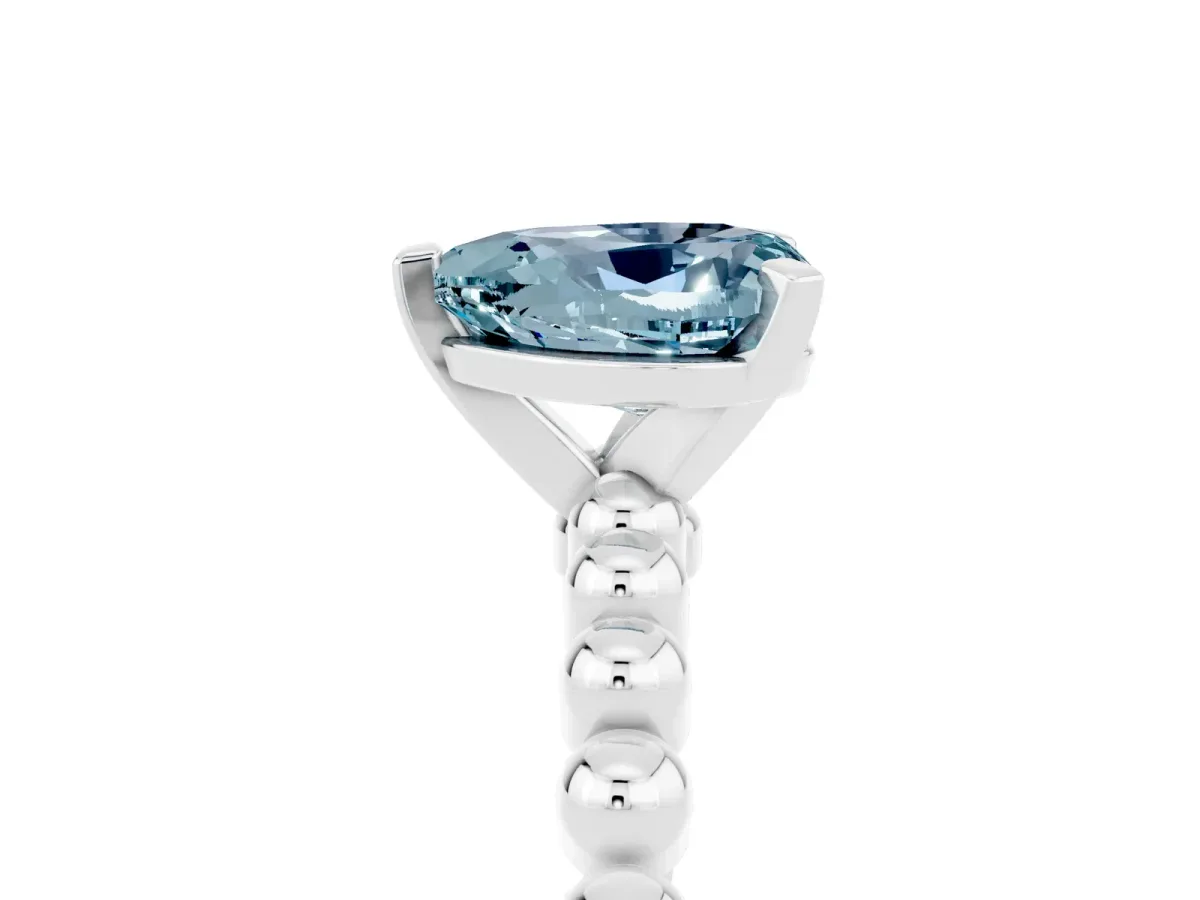 Heart Cut Aquamarine Solitaire Ring with Beaded Band and Prong Setting Silver