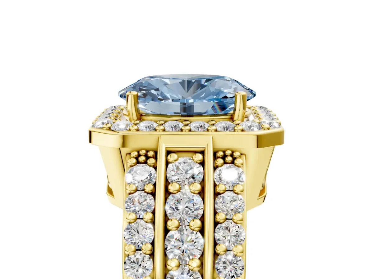 Fancy Blue Oval Cut Halo Diamond Ring with Round Split Shank and Prong Setting Yellow gold