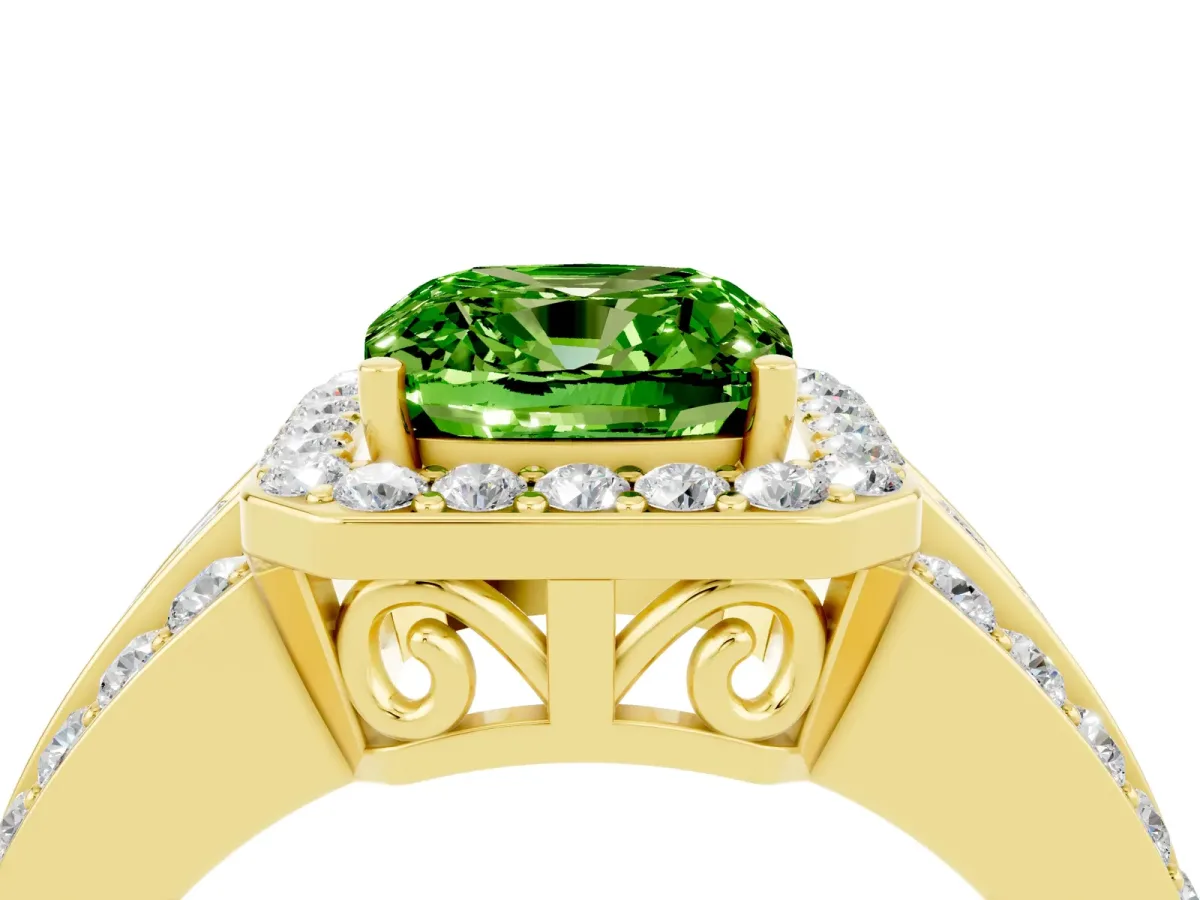 Cushion Cut Halo Peridot Ring with Round Split Shank and Prong Setting Yellow gold