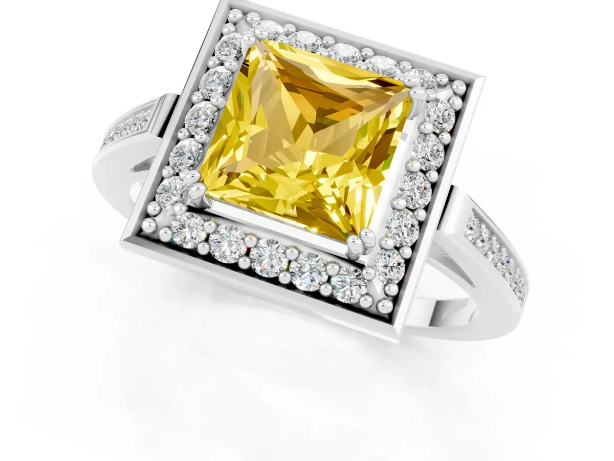 Princess Cut Yellow Sapphire Halo Ring with Split Shank and Four-Prong Setting Platinum