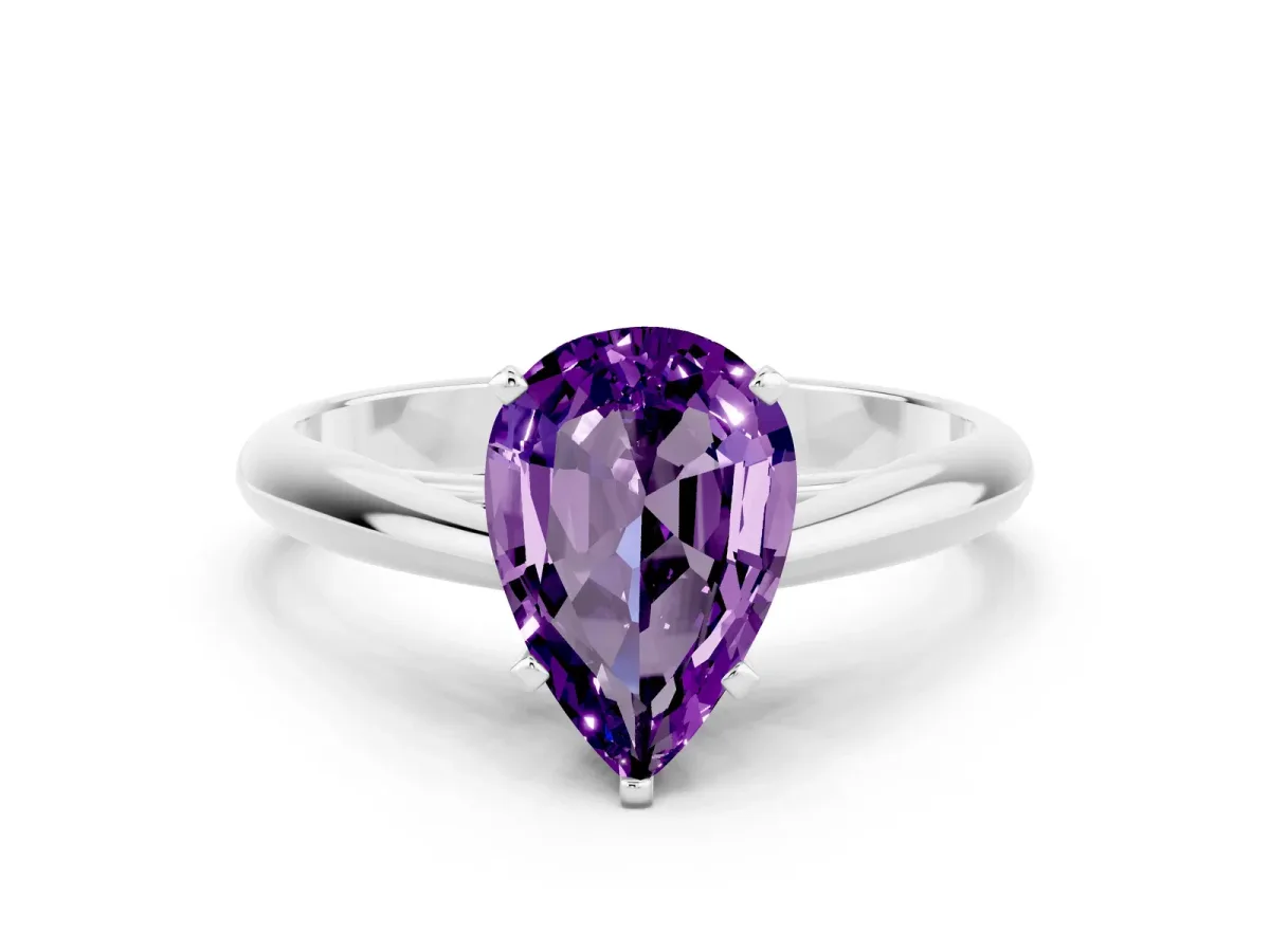 Pear Cut Amethyst Solitaire Engagement Ring with Cathedral Setting and Four-Prong Mount White gold
