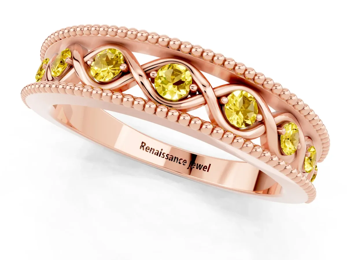 Round Yellow Sapphire Twist Milgrain Band with Bezel Setting Rose gold
