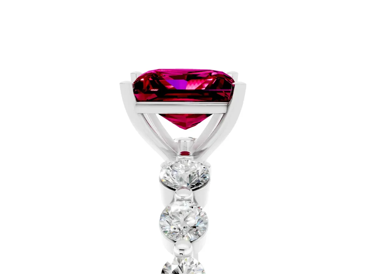 Princess Cut Solitaire Garnet Ring with Pave Band and Four-Prong Setting Silver