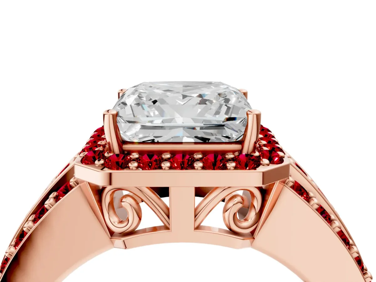Princess Cut Halo Diamond Ring with Round Ruby Split Shank and Prong Setting Rose gold