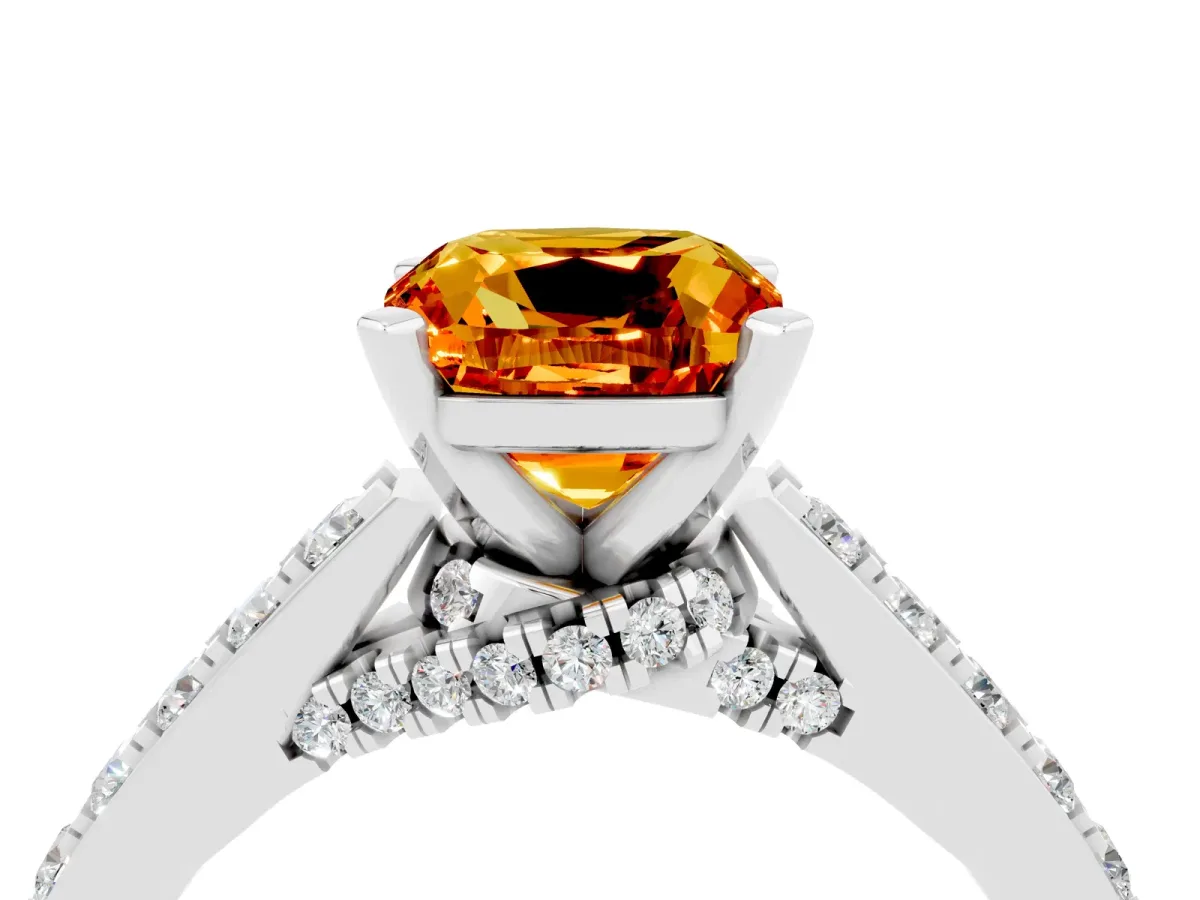 Cushion Cut Citrine Solitaire Ring with Crossover Gallery and Round Pavé Band Silver