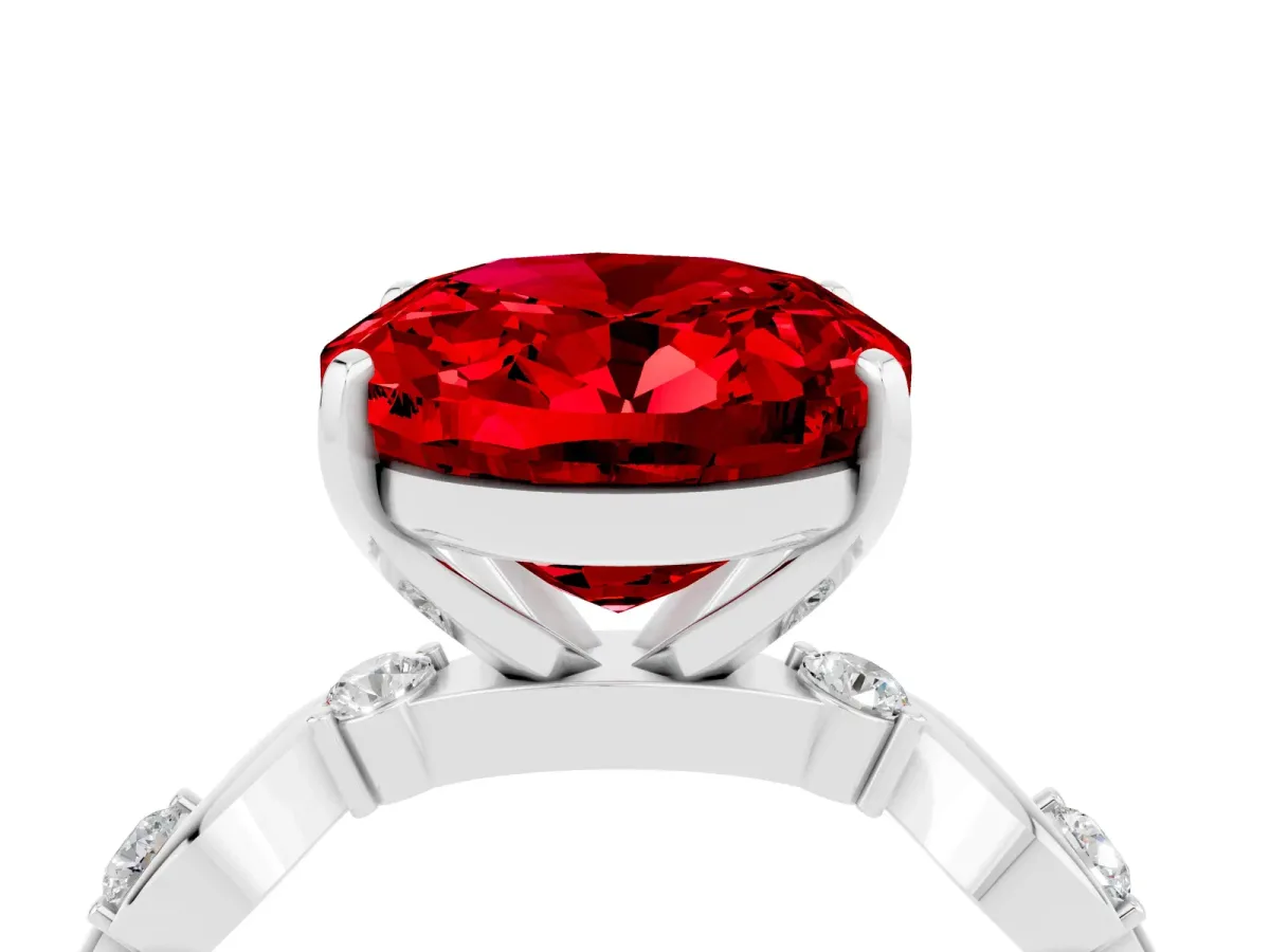 Oval Cut Ruby Solitaire Twisted Band with Round Accents and Prong Setting Silver