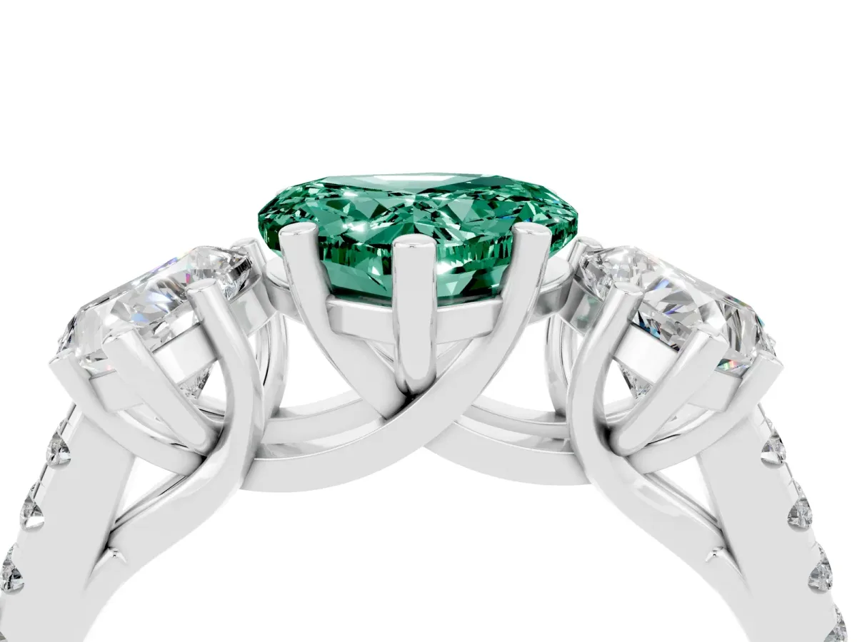 Three-Stone Heart Cut Green Sapphire Ring with Round Pavé Band and Prong Setting Silver