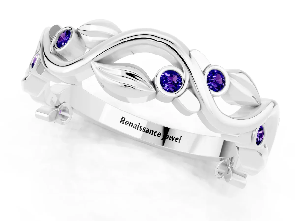 Round Tanzanite Leaf Eternity Band with Bezel Setting White gold