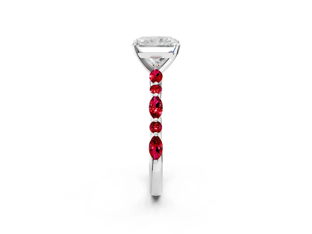 Radiant Cut Diamond Ring with Marquise and Round Ruby Side Stones and Four-Prong Setting Silver