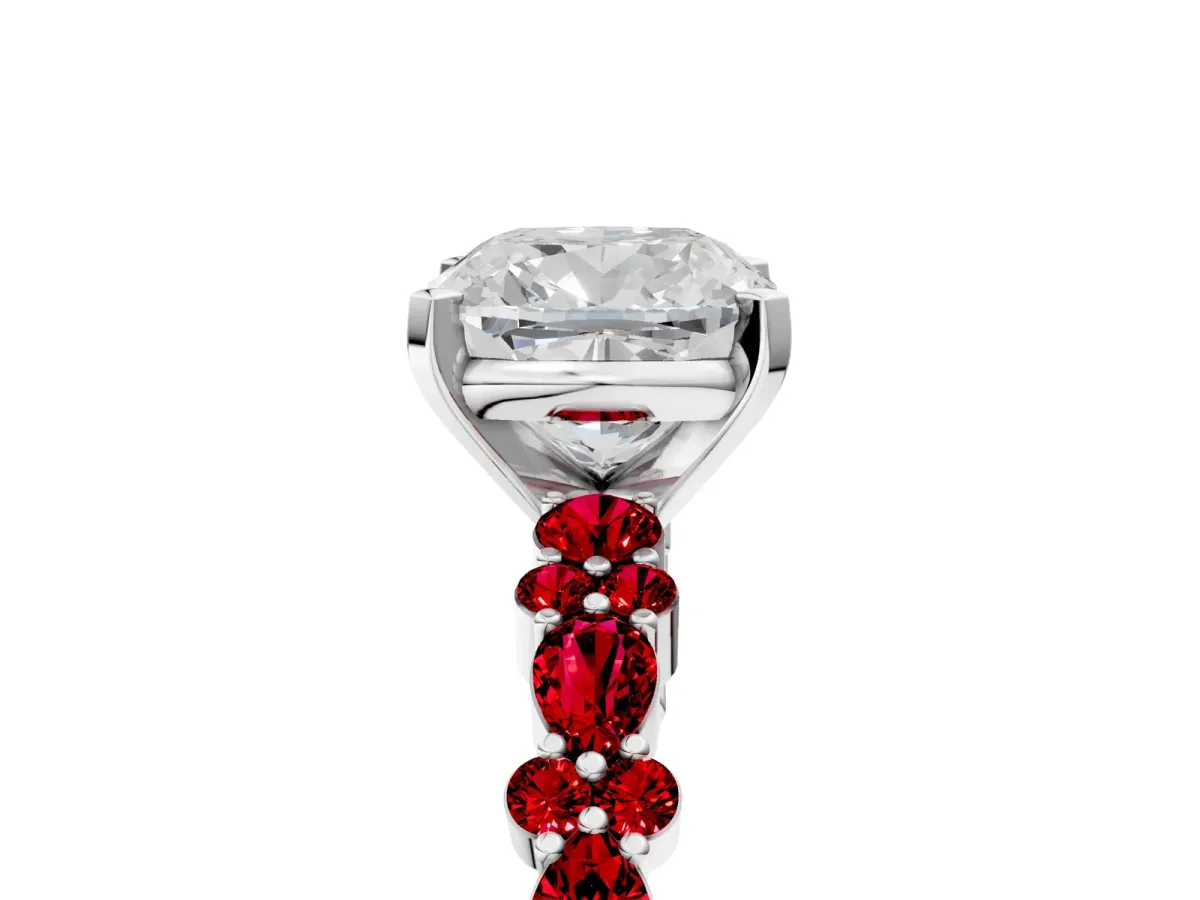 Cushion Cut Diamond Side Stone Solitaire Ring with Round Ruby and Four-Prong Setting White gold