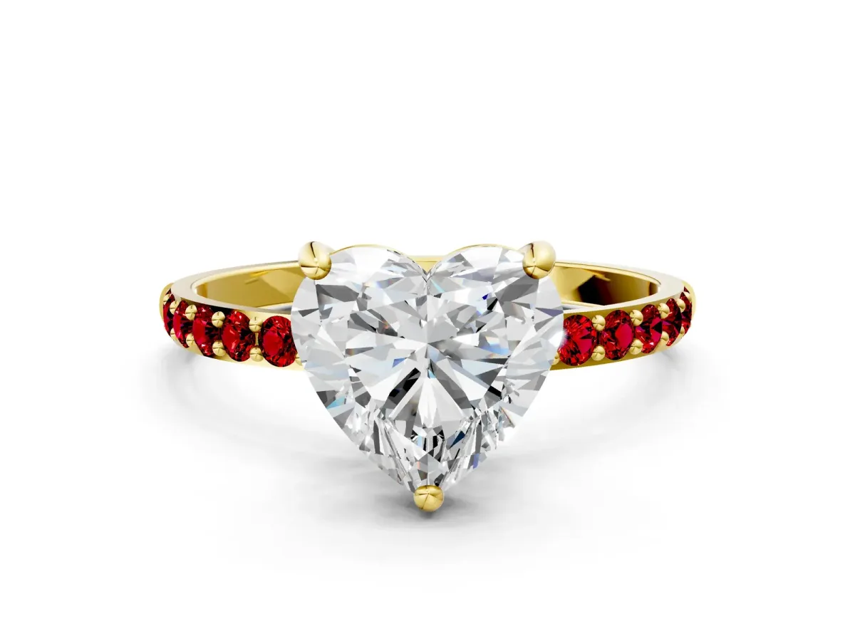 Heart Cut Diamond Solitaire Ring with Round Ruby Pavé Band and Prong Setting Yellow gold