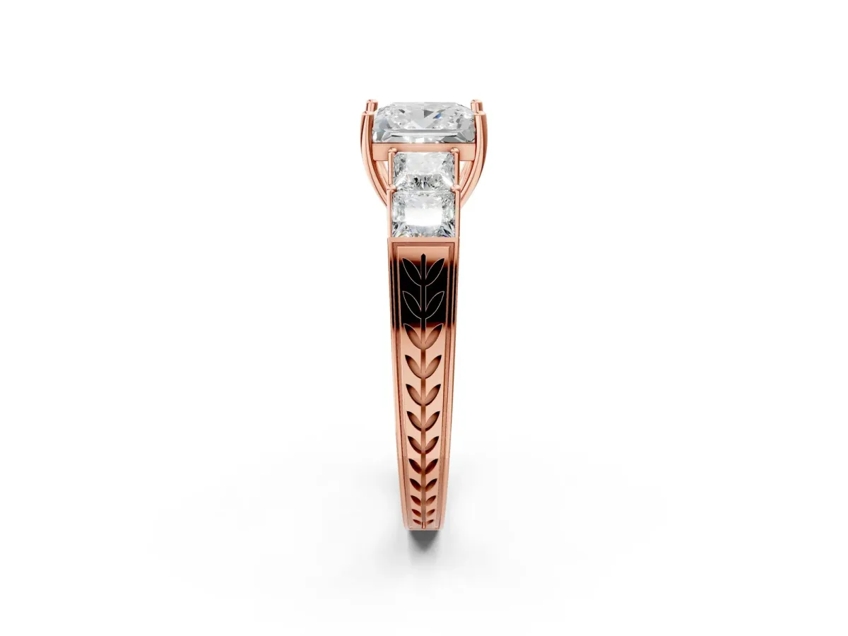 Princess Cut Solitaire Princess Side Stone Engraved Band Prong Setting Ring Rose gold
