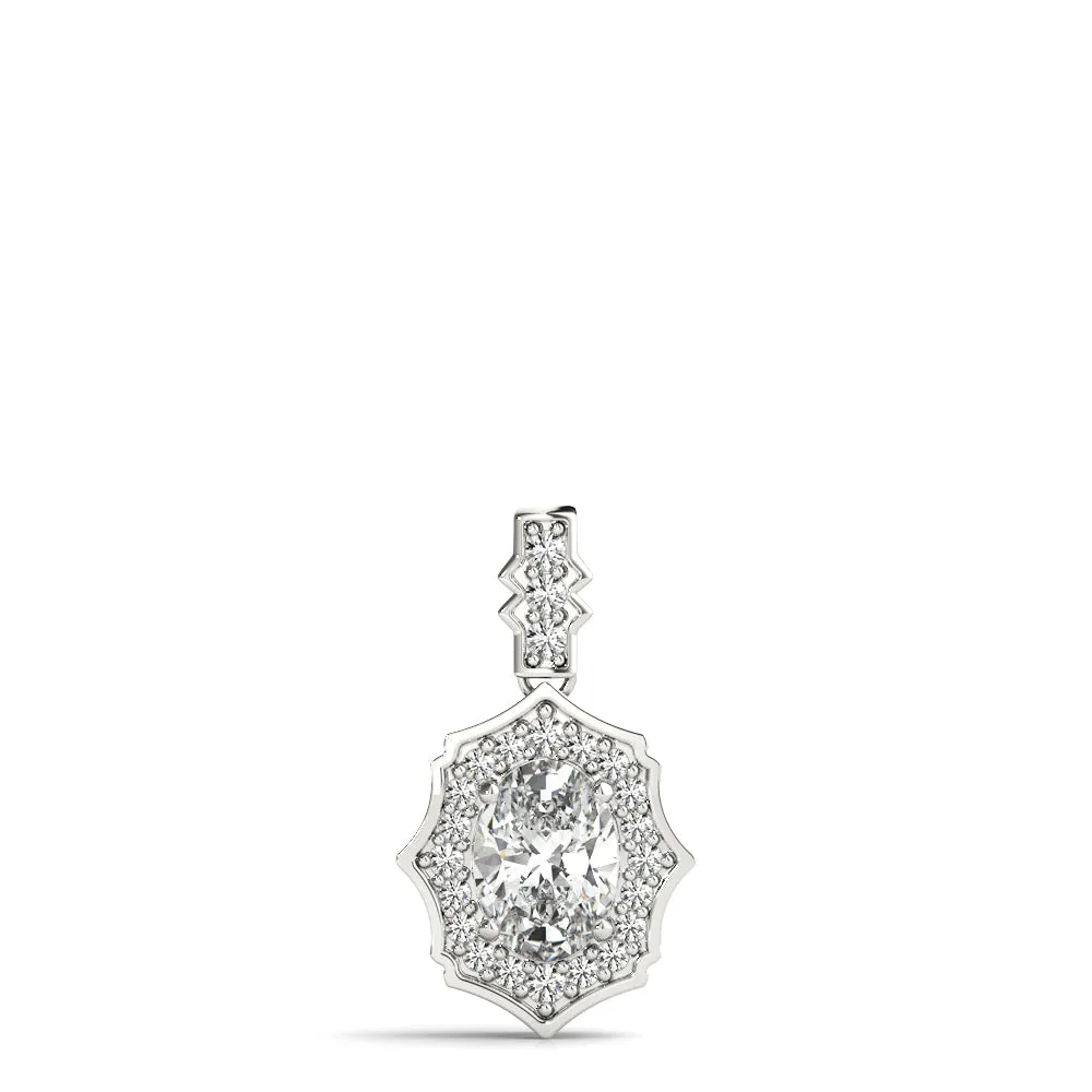 Oval Diamond Halo Pendant with Milgrain Prong Setting White gold