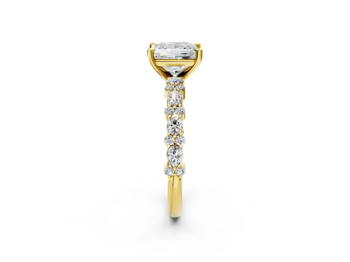 Princess Cut Diamond Side Stone Solitaire Ring with Round and Four-Prong Setting Yellow gold