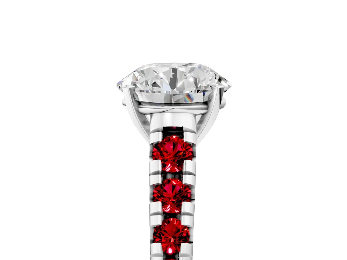 Round Cut Diamond Cathedral Solitaire Ring with Round Ruby Pavé Band Silver
