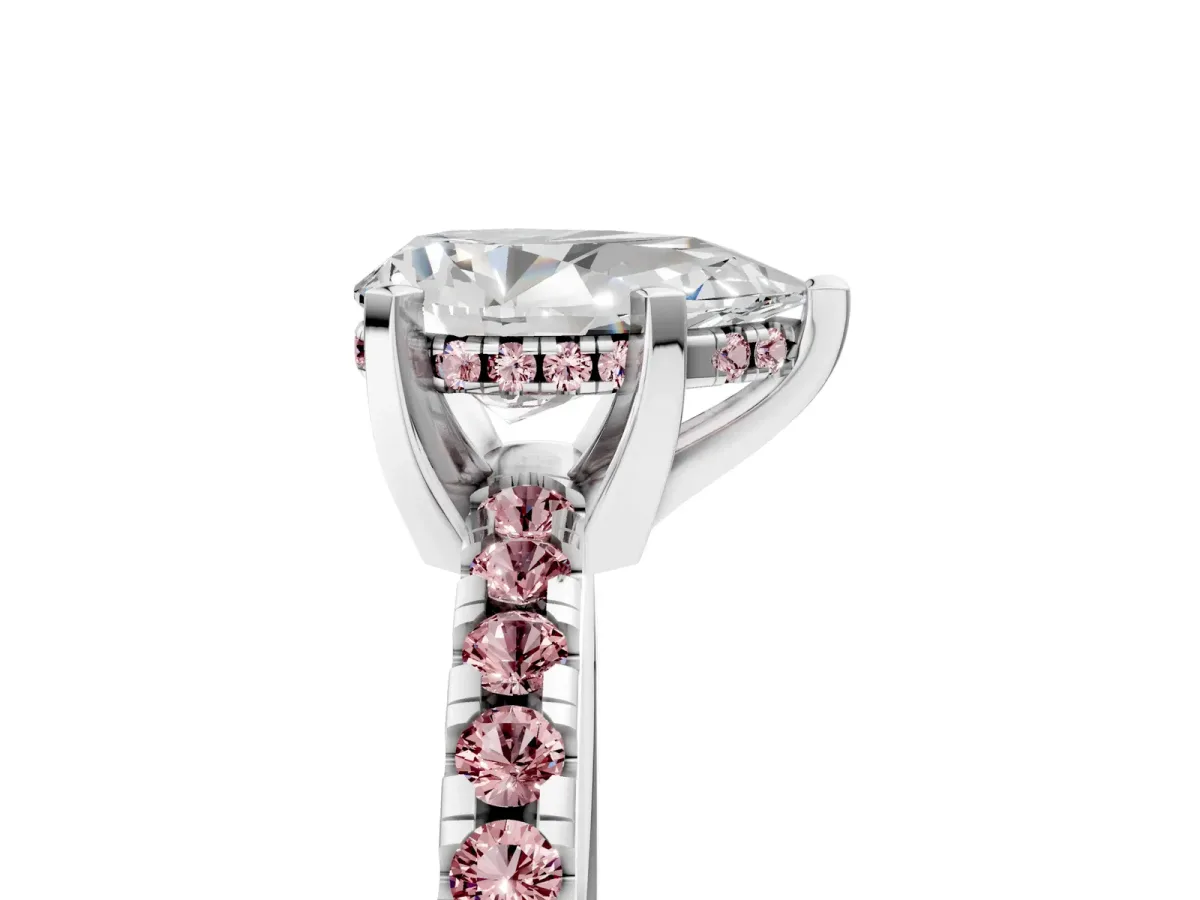 Pear Cut Diamond Solitaire Ring with Round Morganite Pavé Band and Four-Prong Setting Silver