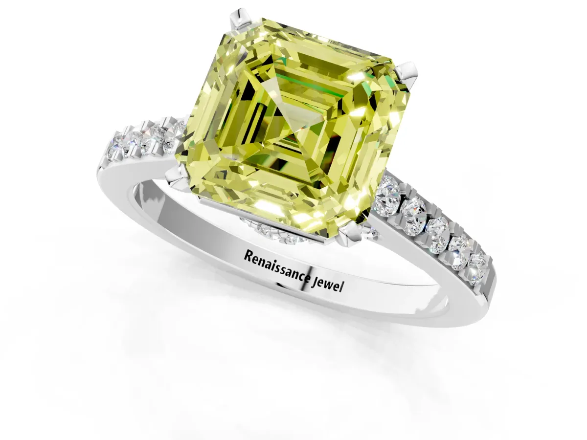 Fancy Yellow Asscher Cut Diamond Solitaire Ring with Crossover Gallery and Round Pavé Band Silver