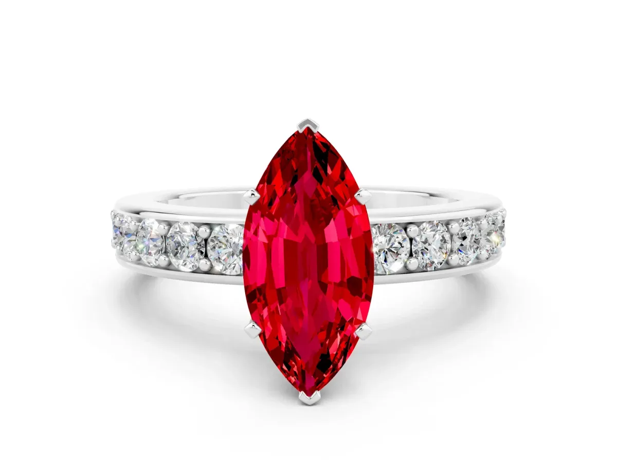 Marquise Cut Ruby Engagement Ring with Channel Set Round Band and Prong Setting White gold
